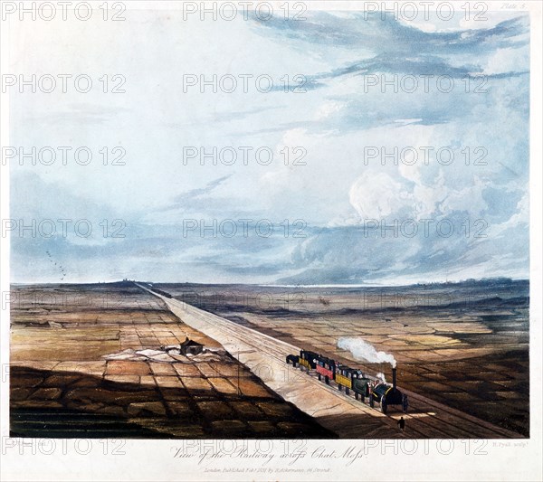 Train crossing Chat Moss, Lancashire, 1831. Artist: Henry Pyall