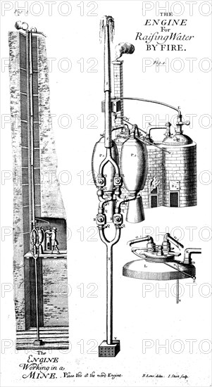 Thomas Savery's steam pump or 'the miner's friend', 1702 (1726). Artist: Unknown