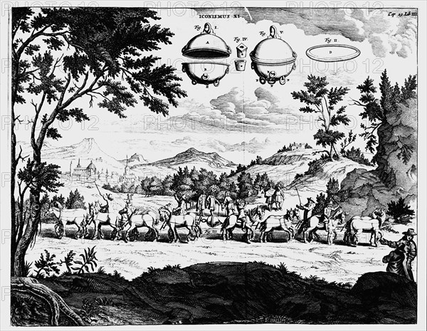 Von Guericke's demonstration of the strength of air pressure, 1672. Artist: Unknown