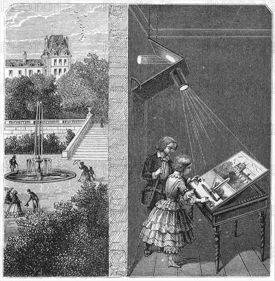 Children watching an outdoor scene through a camera obscura, 1887. Artist: Unknown