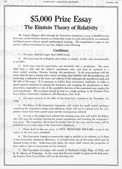 Prize offered in Scientific American, October 1920, for an essay on Einstein's theory of relativity. Artist: Unknown