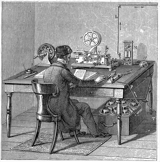 Operator sending a message on a Morse electric printing telegraph, 1887. Artist: Unknown