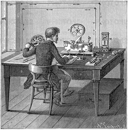 Operator receiving a message in Morse code on an electric printing telegraph, 1887. Artist: Unknown