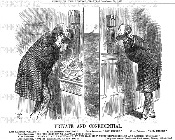 'Private and Confidential', opening of the Anglo-French telephone line, 1891. Artist: John Tenniel