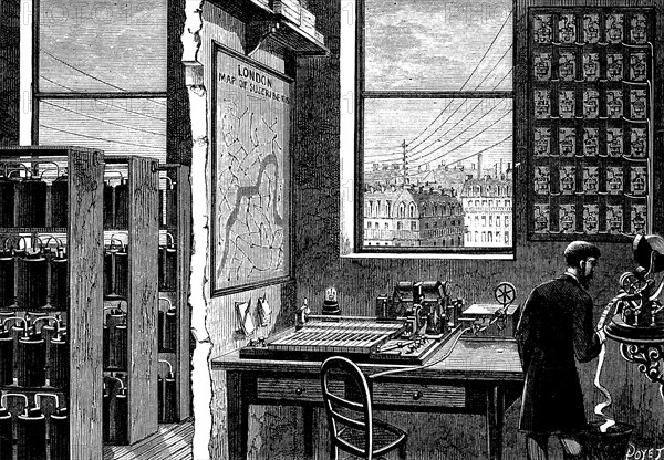 Main station of the Exchange Telegraph Company, London, 1882. Artist: Unknown