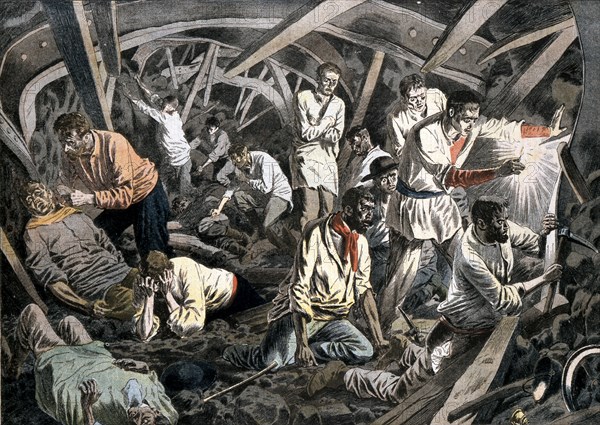 Coal miners trapped underground by a roof fall, Courrieres Mines, Pas-de-Calais, France, 1906. Artist: Unknown