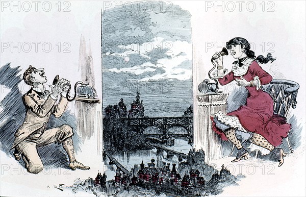 Courting by telephone across Paris, 1883. Artist: Unknown