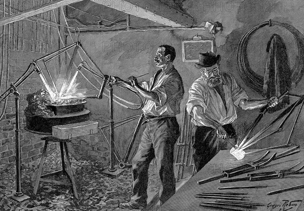 Welding a bicycle frame, France, 1896. Artist: Unknown