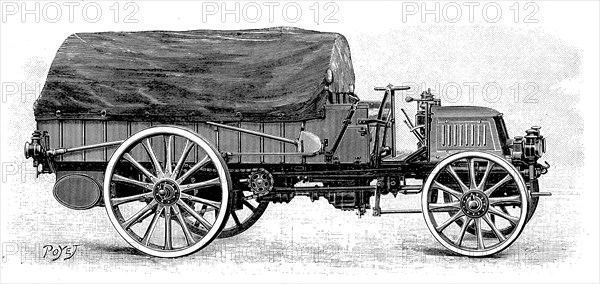Army truck by Daimler, with 4 cylinder 12 hp engine, 1904. Artist: Unknown