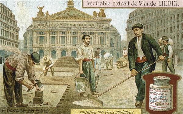 Surfacing a Paris street with wooden blocks, c1900. Artist: Unknown