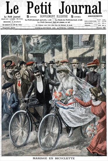 Wedding party on bicycles led by the bride and bridegroom, Nice, France, 1909. Artist: Unknown