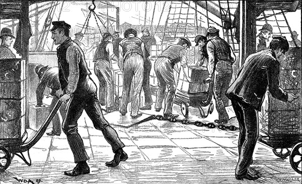 Dockers unloading tea in London Docks, 1889. Artist: Unknown