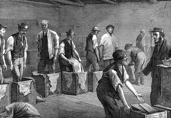 Packing tea in the warehouses of the East & West India Dock Company, London, 1874 Artist: Unknown