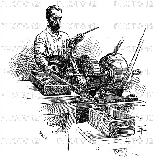 Milling the edges of coins, Royal Mint, London, 1891. Artist: Unknown