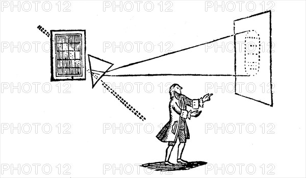 Newton's experiment splitting white light into the colours of the spectrum by a prism, 1757. Artist: Unknown