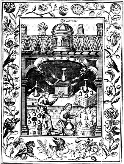 Alchemical laboratory showing various forms of furnace and vessels, 1652. Artist: Unknown