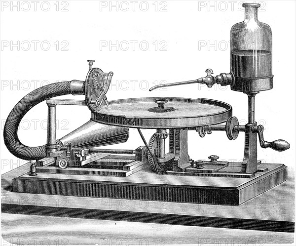 Sound Recording Disc Electricity Motor Battery Liquid, c1880. Artist: Unknown