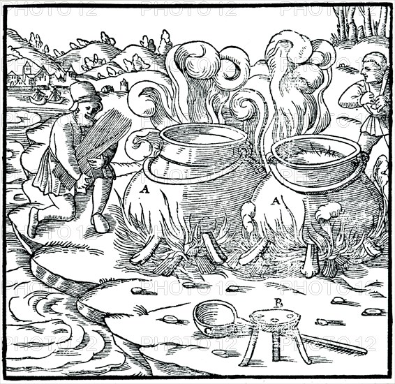 Evaporating sea water in iron pots to obtain salt, 1556. Artist: Unknown