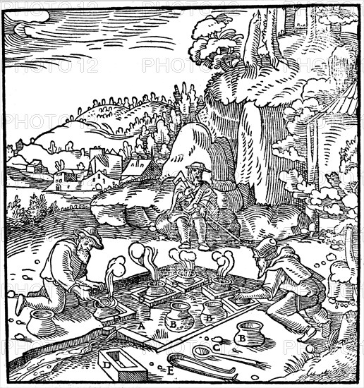 Evaporating pots of brine in a natural hot spring to obtain salt, 1556. Artist: Unknown