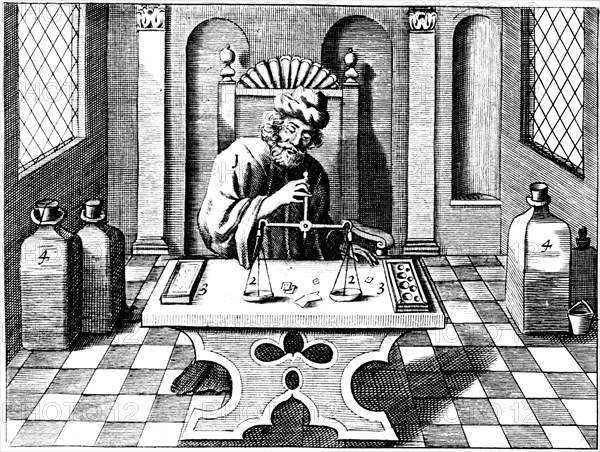 Assayer testing samples of gold or silver using a balance, 1683. Artist: Lazarus Ercker