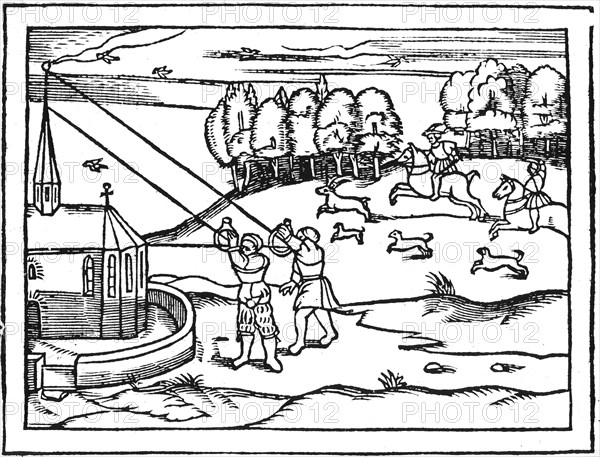 Using astrolabes to calculate the height of a steeple, 1539. Artist: Petrus Apianus