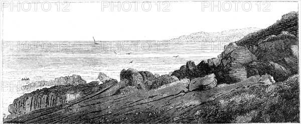 Strata of red sandstone, slightly inclined, Siccar Point, Berwickshire 1852. Artist: Charles Lyell