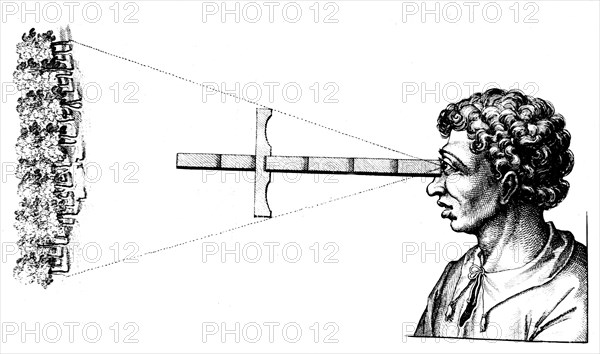 Finding the angular distance between two edges of a wood using a cross-staff, 1617-1619. Artist: Unknown