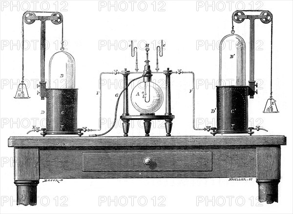 Antoine Lavoisier's apparatus for synthesizing water from hydrogen (left) and oxygen (right), 1881. Artist: Unknown