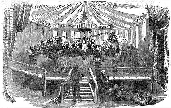 Naturalists dining inside a model of a dinosaur, Crystal Palace, Sydenham, New Year's Eve, 1853. Artist: Unknown