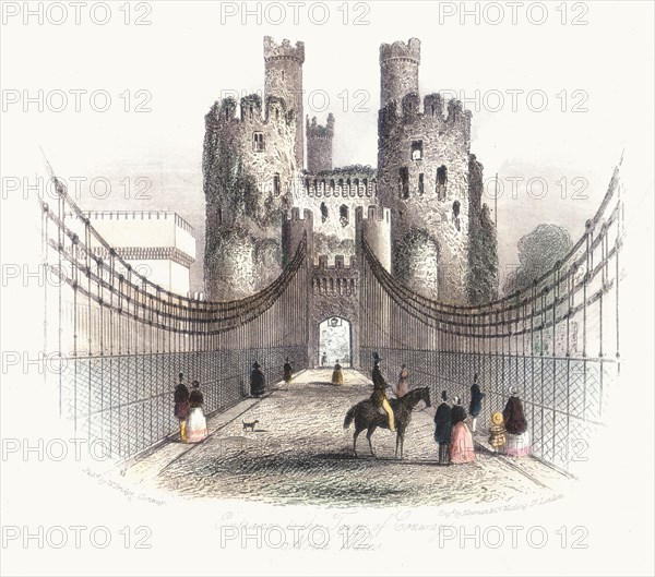 Suspension bridge over the Conwy estuary, Wales, c1840. Artist: Newman & Co