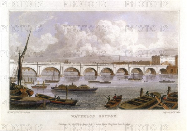 Waterloo Bridge, London, across the Thames, 1817. Artist: Thomas Hosmer Shepherd