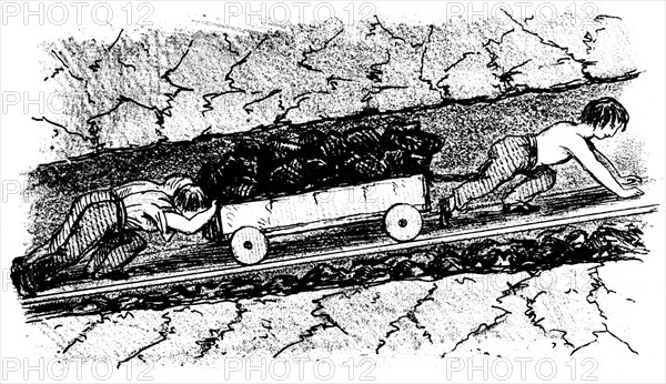 Boy 'putters' moving coal in a narrow seam, Lancashire, England, 1848. Artist: Unknown