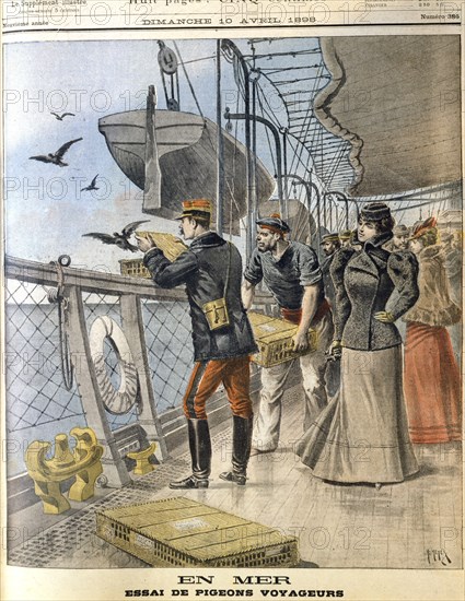 Releasing French army homing pigeons on board the transatlantic liner 'La Bretagne', 1898. Artist: Unknown