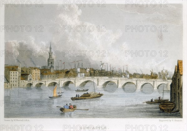 Stone arched bridge across the Tyne at Newcastle-upon-Tyne, England, c1830.  Artist: R Francis