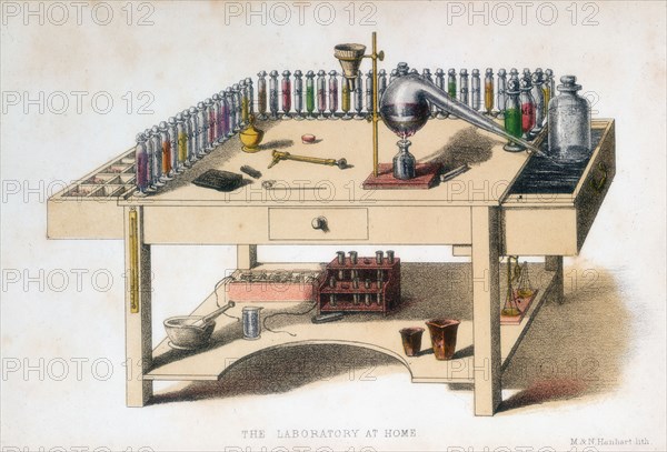 The amateur chemist's laboratory bench, 1860. Artist: M & N Hanhart