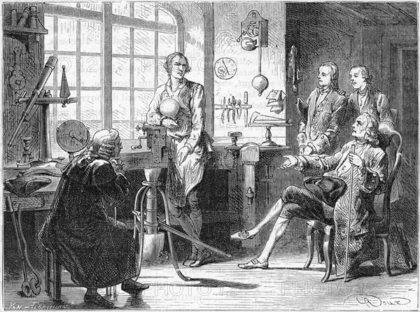 Joseph Black visiting James Watt in his Glasgow workshop, c1760 (c1879). Artist: Unknown