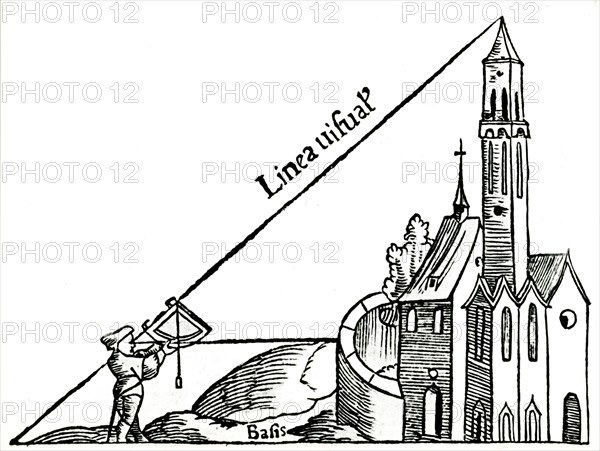 Using a quadrant with a plumb bob to calculate the height of a tower by triangulation, 1551. Artist: Unknown