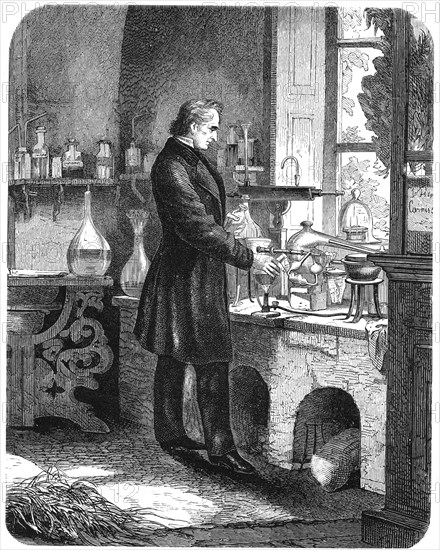 Justus von Liebig, German chemist, at work in his laboratory, mid 19th century (c1885). Artist: Unknown