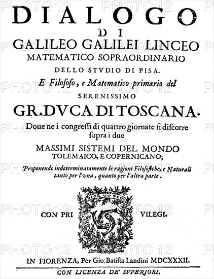 Title page of Dialogo, by Galileo, 1632. Artist: Unknown