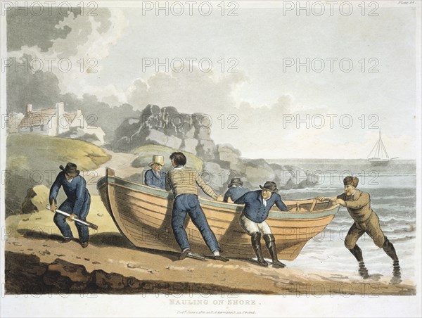 Seamen hauling a clinker-built dinghy up onto the shore, 1821. Artist: Unknown