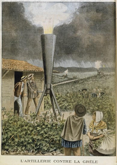 Firing a cannon into clouds to prevent a hail storm, 1901. Artist: Unknown