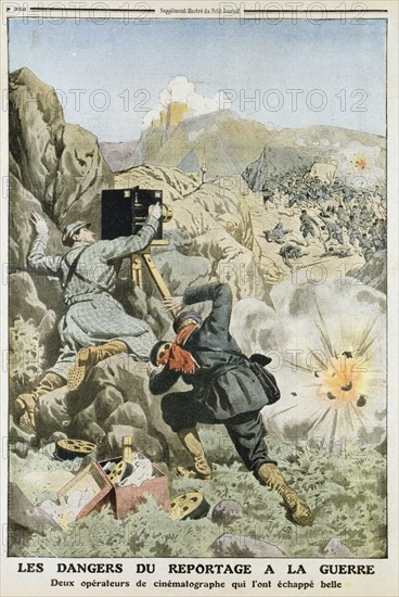 Cameramen under fire while filming in the First Balkan War, 1912. Artist: Unknown