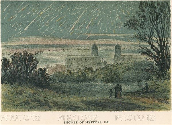 Shower of meteors (Leonids) observed over Greenwich, London, 1866 (1884). Artist: Unknown