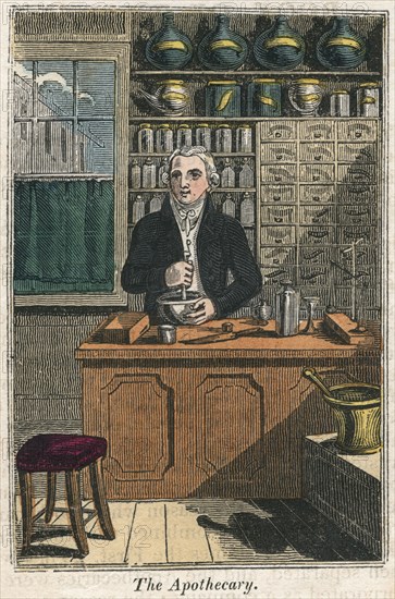 The apothecary using pestle and mortar to prepare drugs, 1823. Artist: Unknown