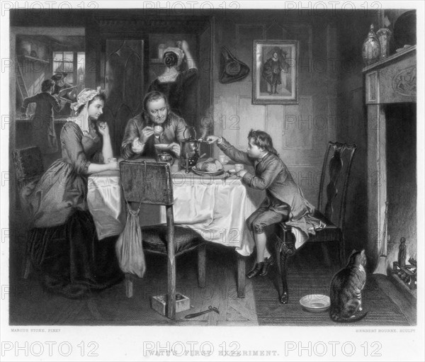 'Watt's First Experiment', 18th century, (c1870). Artist: Herbert Bourne