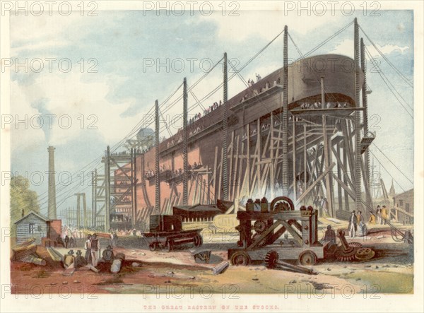 'Great Eastern' on the stocks at Millwall on the Thames, 1857. Artist: Unknown