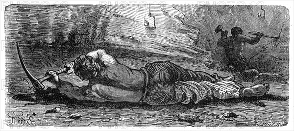 Early 19th century coal miner working a narrow seam, c1868.  Artist: Anon