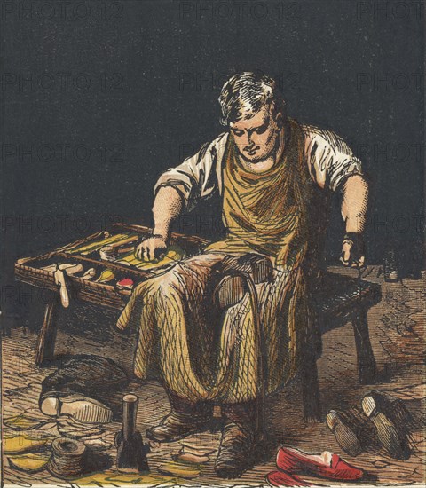 Cobbler mending boots, 1867. Artist: Anon