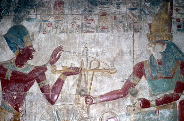 Wallpainting (detail) of Sethos I before Horus, Temple of Sethos I, Abydos, Egypt, c1280 BC. Artist: Unknown