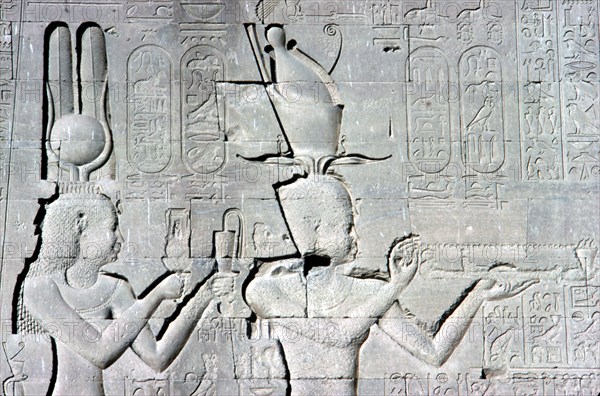 Horizontal detail of a relief of Cleopatra and Caesarion ,Temple of Hathor, c125 BC - c60 AD. Artist: Unknown